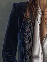 Athénaïs | Chaqueta Larga Bordada Vintage Azul Marino