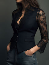Noémie | Haut Blazer Noir à Manches Semi-Transparentes