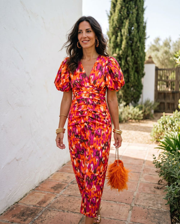 Carla — Vestido Midi Floral con Mangas Abullonadas