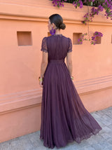 Vestido largo berenjena detalle